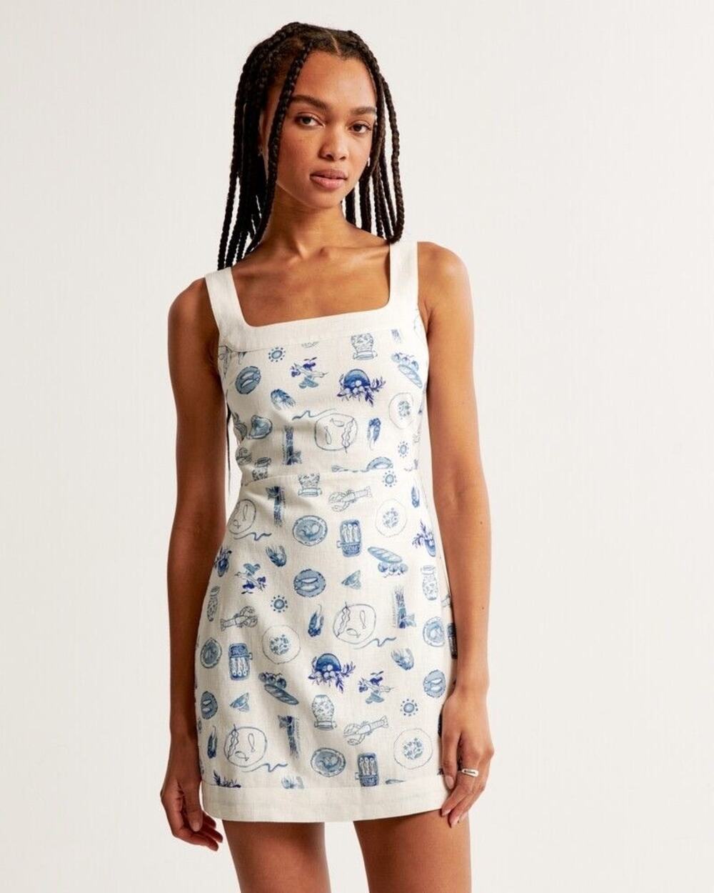 Abercrombie & Fitch Linen Blend Wide Strap Mini Dress White Blue Food Medium - Picture 1 of 16